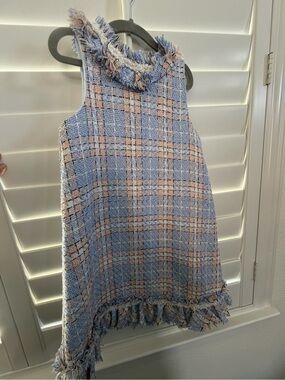 Blueberi Boulevard Pastel Blue & Pink Fringed Tweed Shift